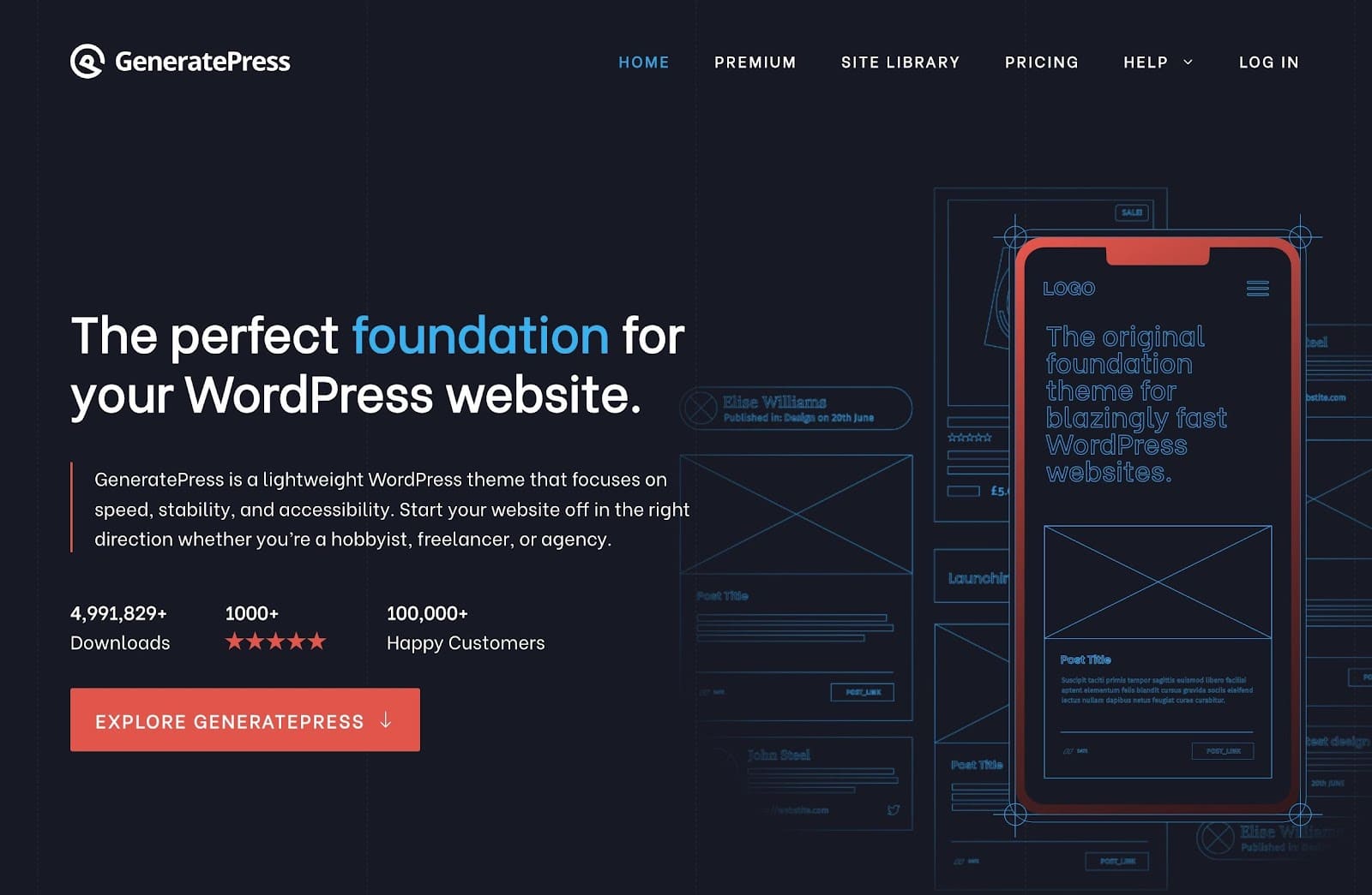 Registro na página inicial da GeneratePress.