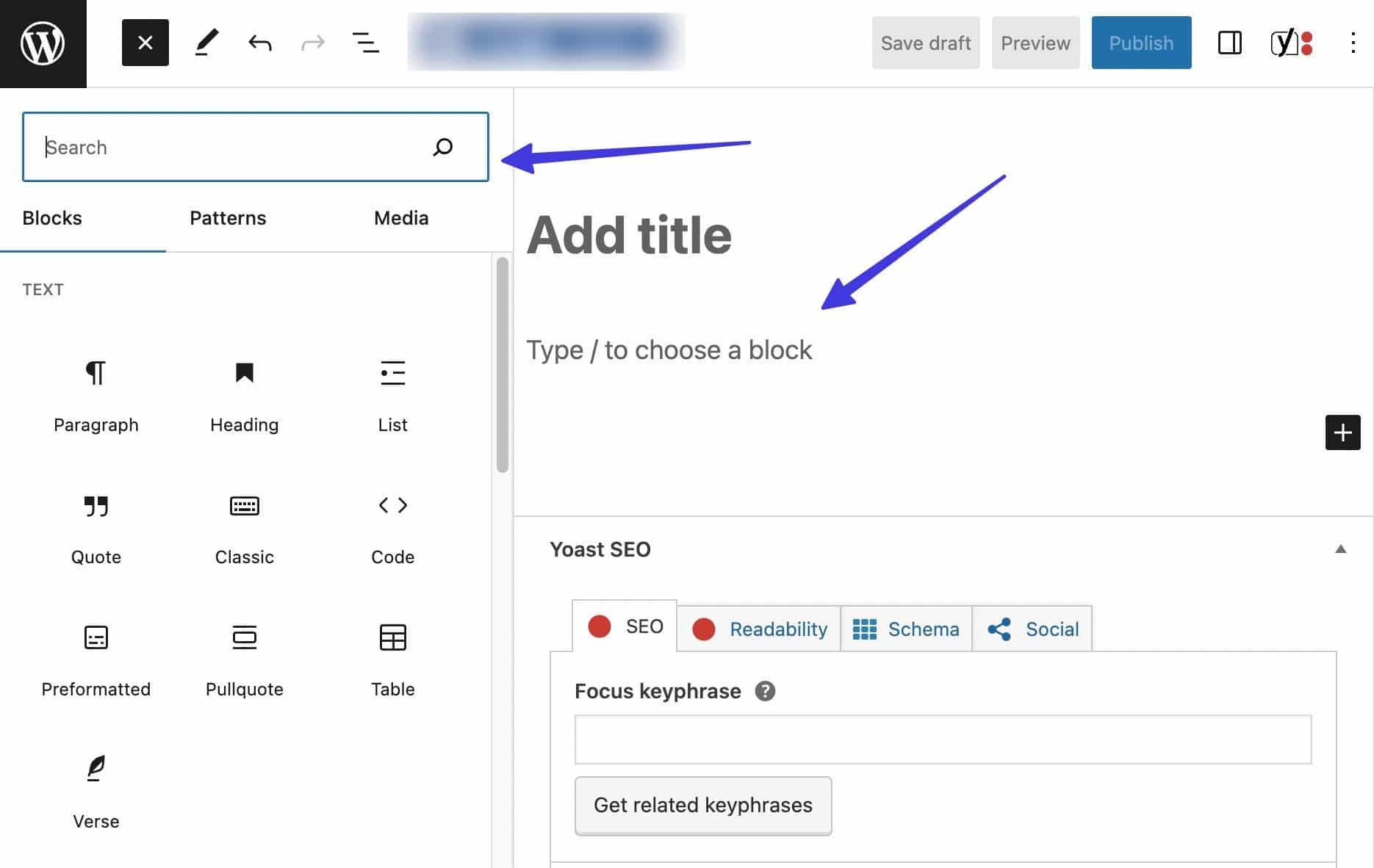 Searching for blocks in Gutenberg.