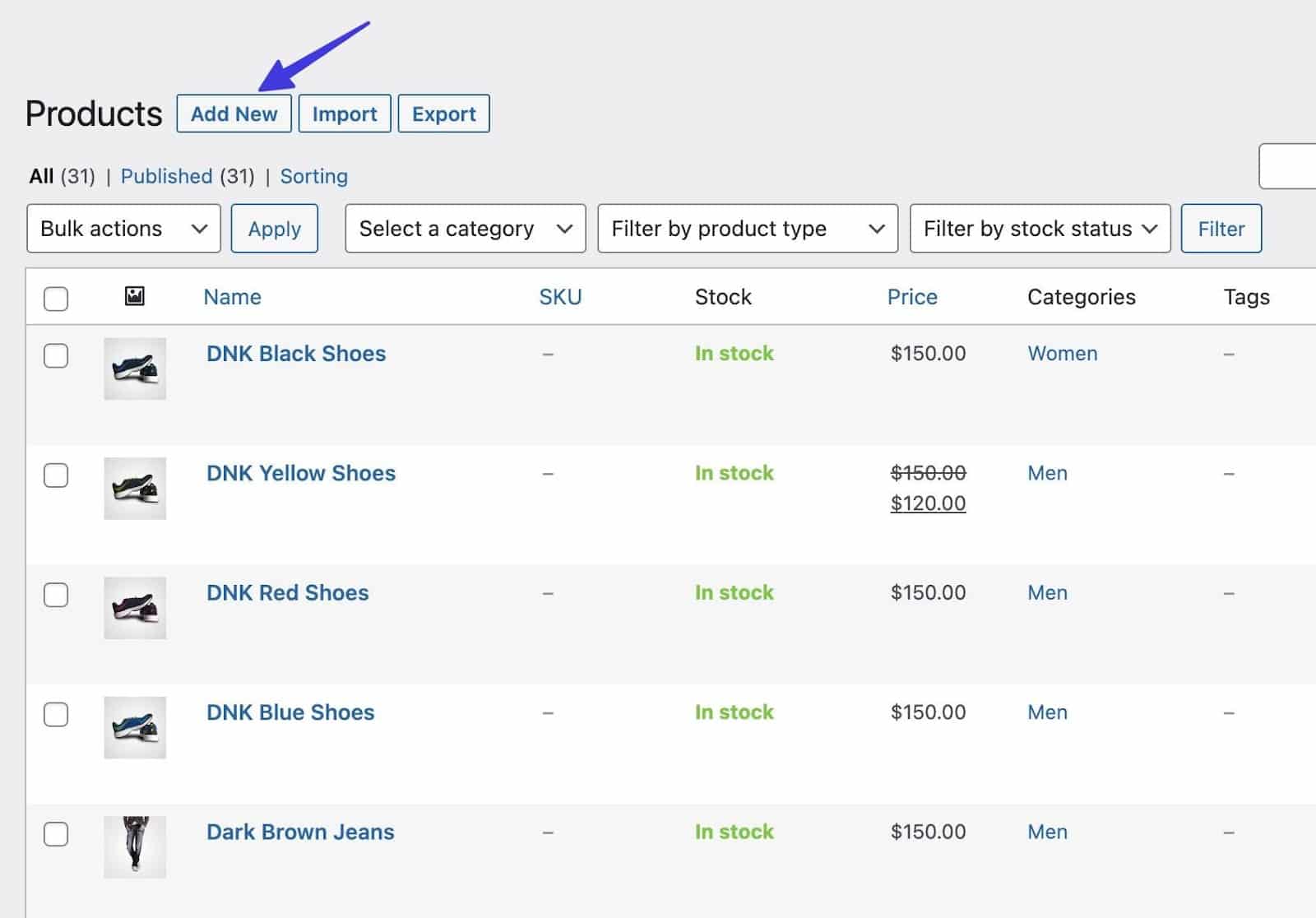 Clique para adicionar um novo produto no WooCommerce.