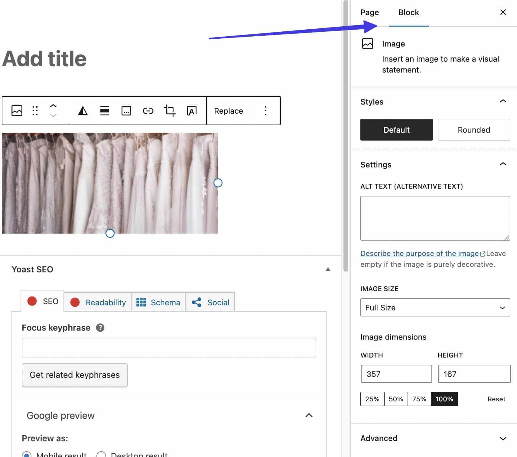 Block tab in Gutenberg.