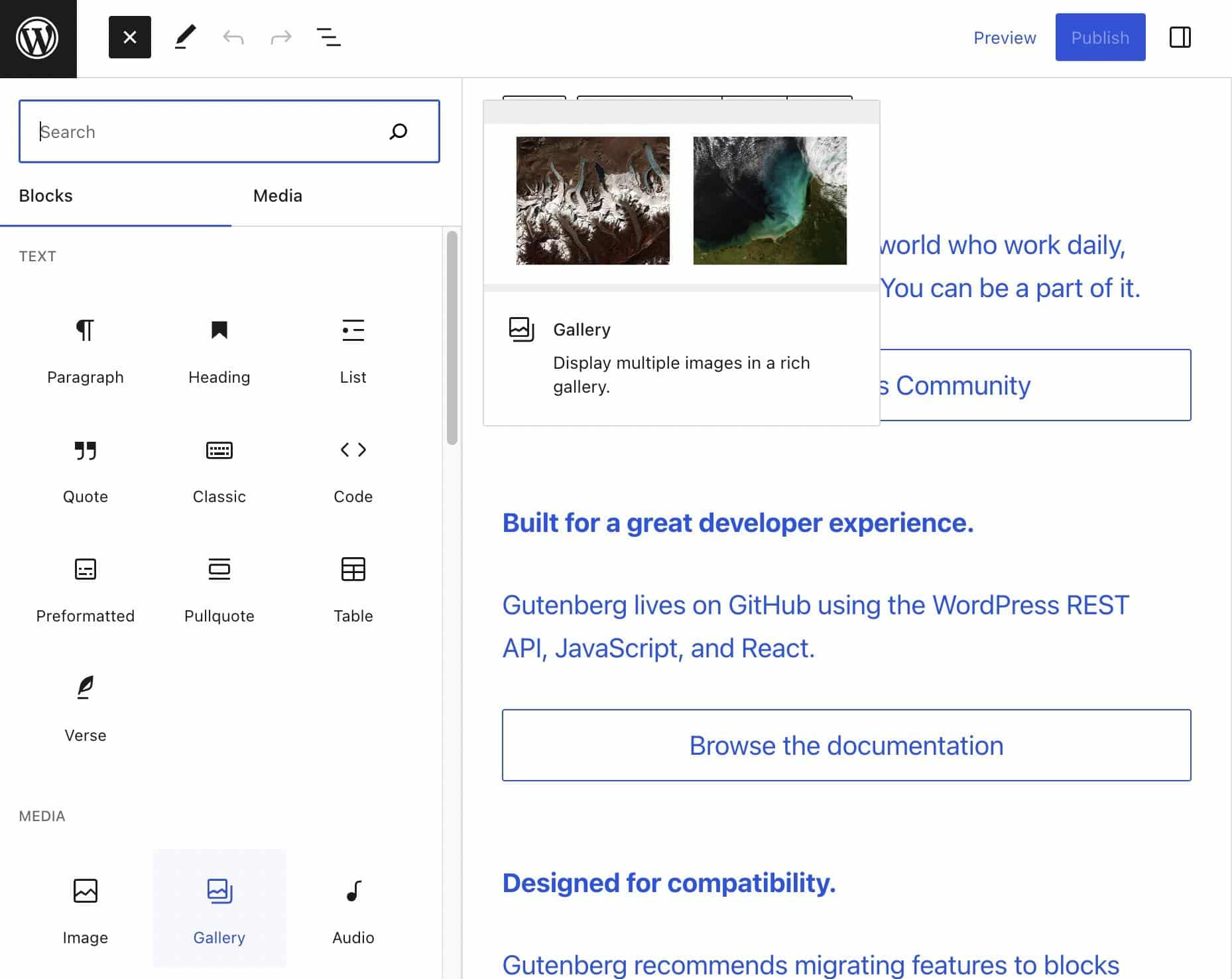 Examples of Gutenberg blocks.