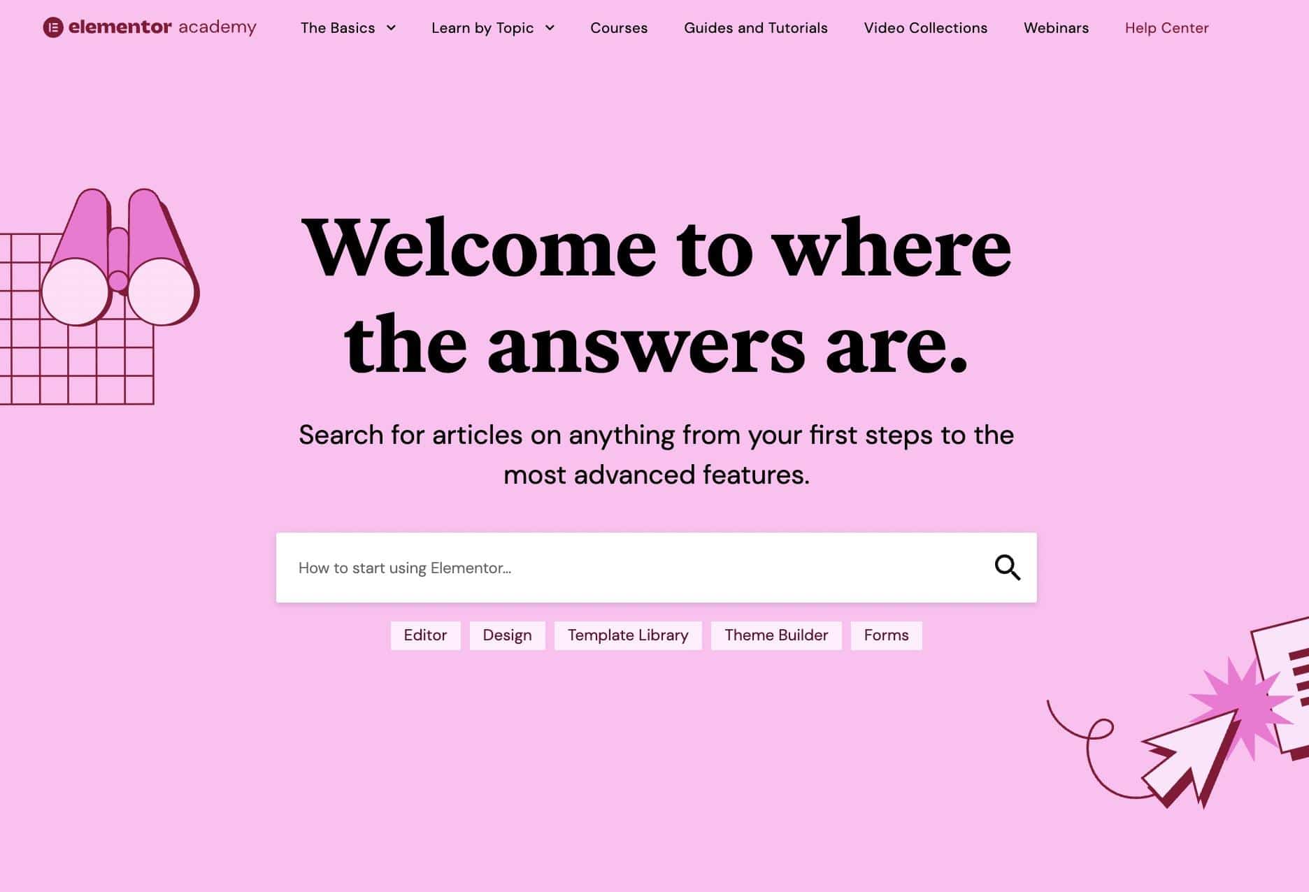 Help area with search bar from Elementor.