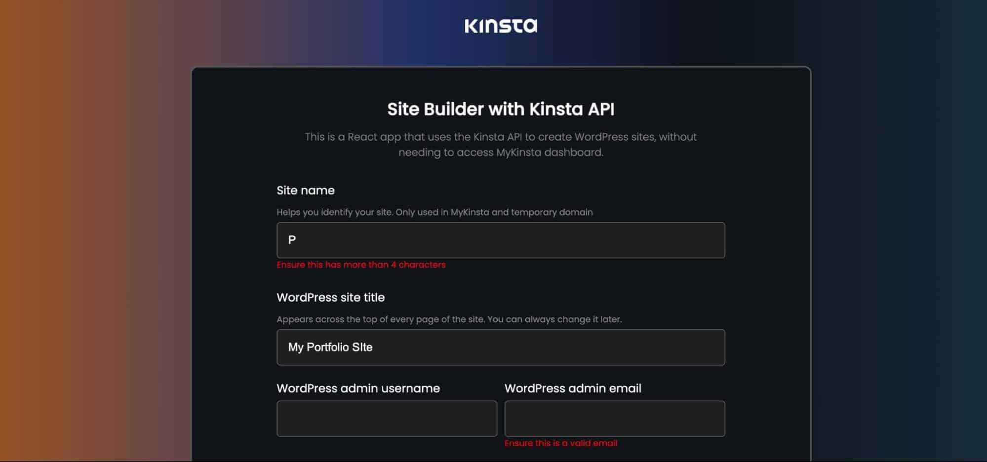 Formulário do construtor de sites com validação