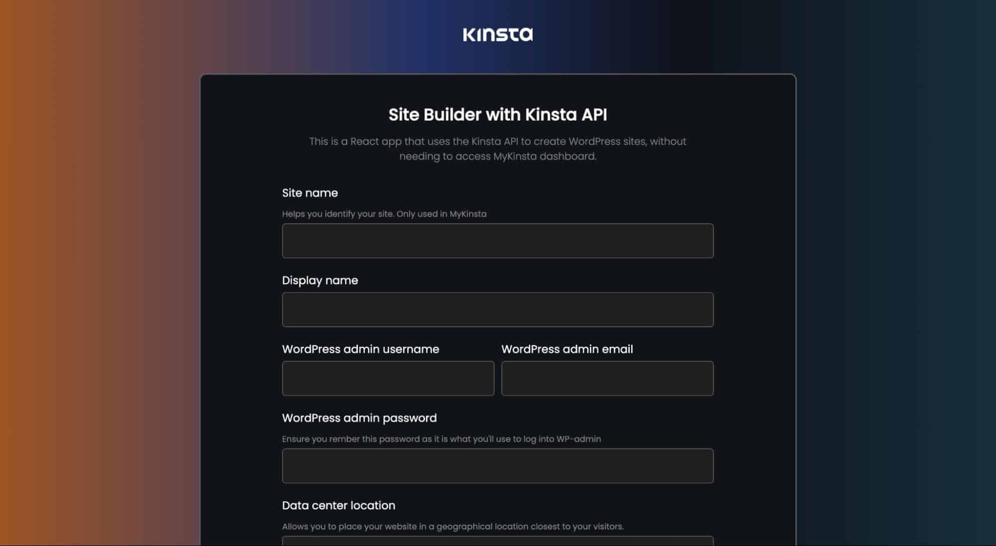 Formulário do construtor de sites