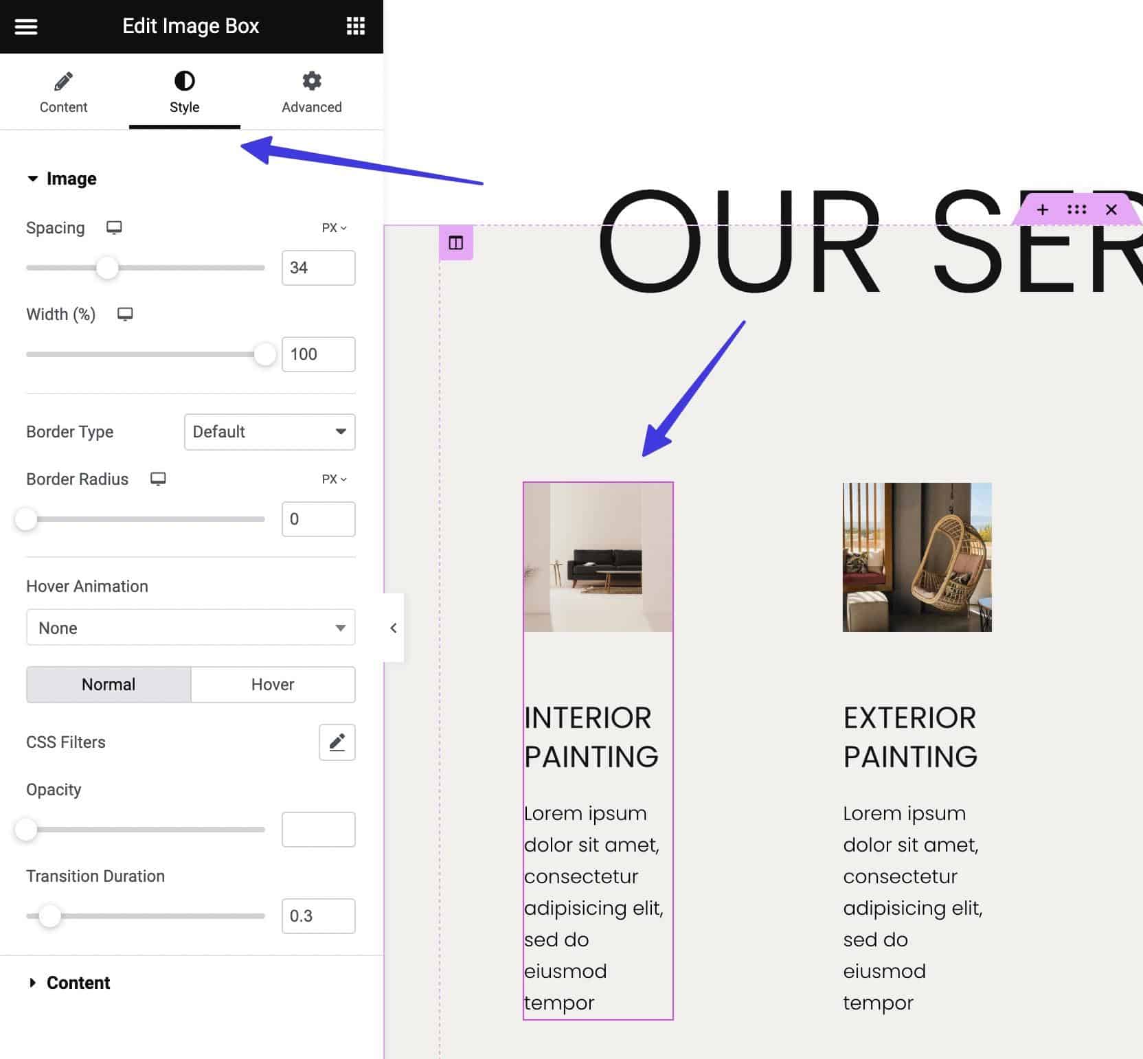 Style settings for Elementor vs Gutenberg.