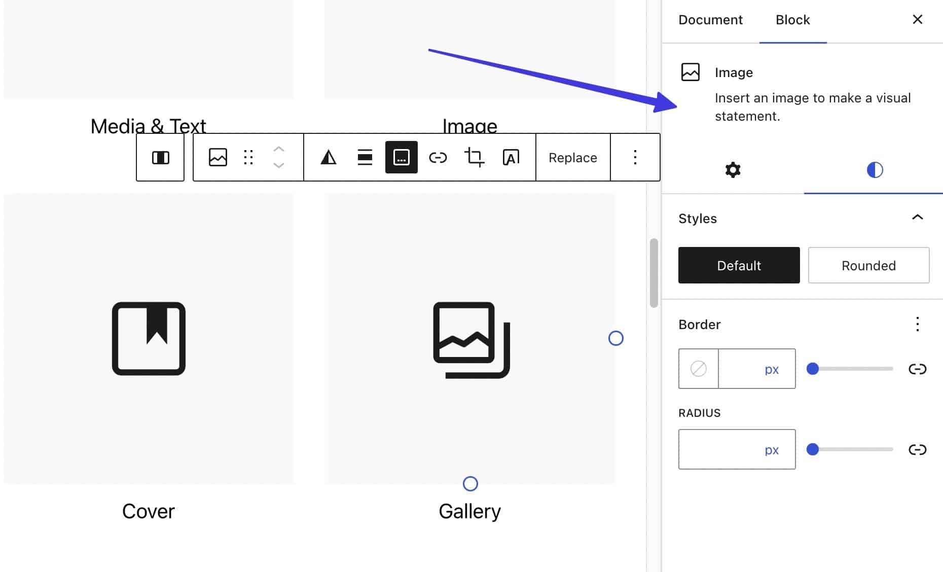 Styling an image in Gutenberg vs Elementor.