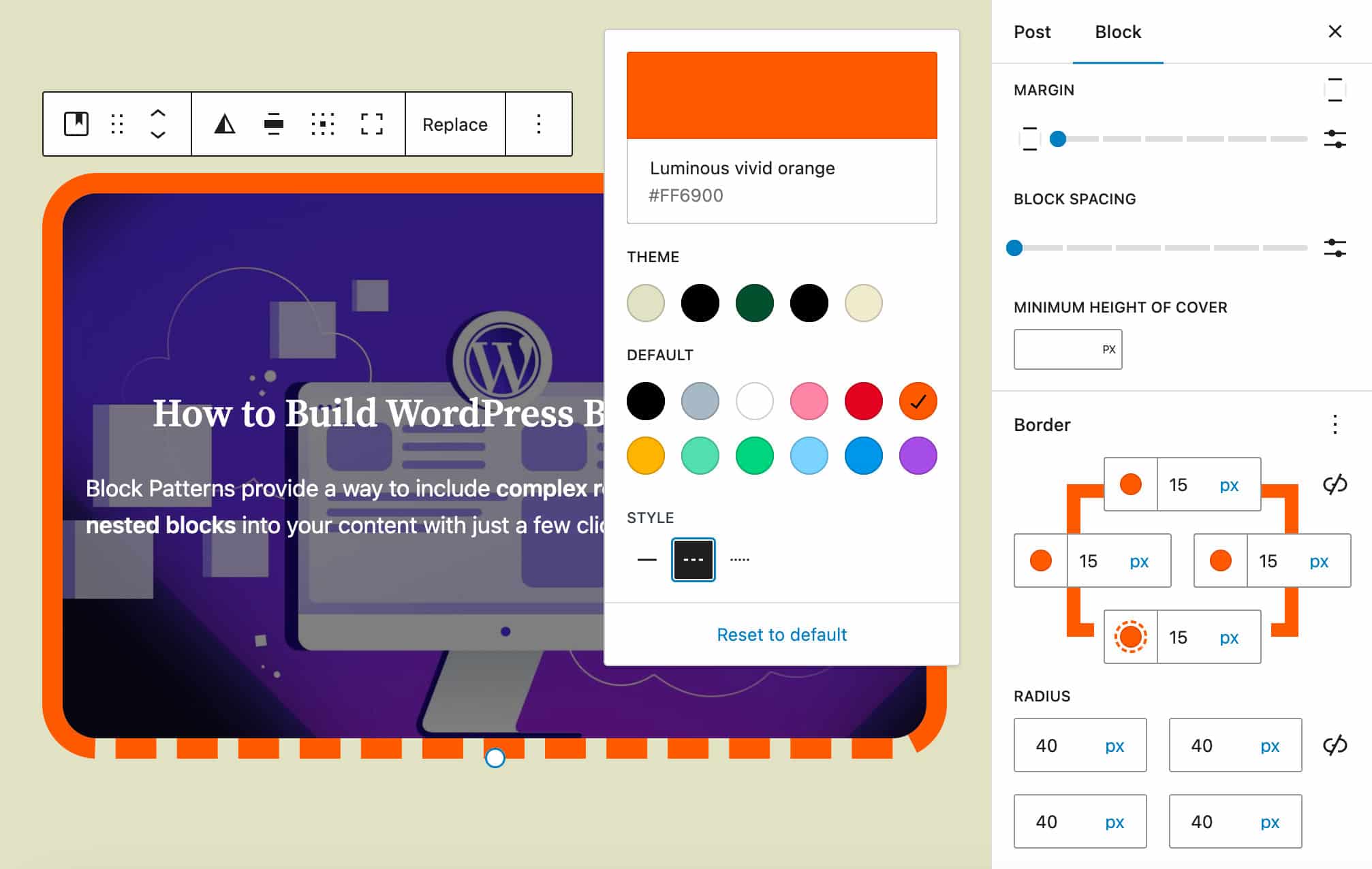 Contrôles des bordures pour le bloc Couverture