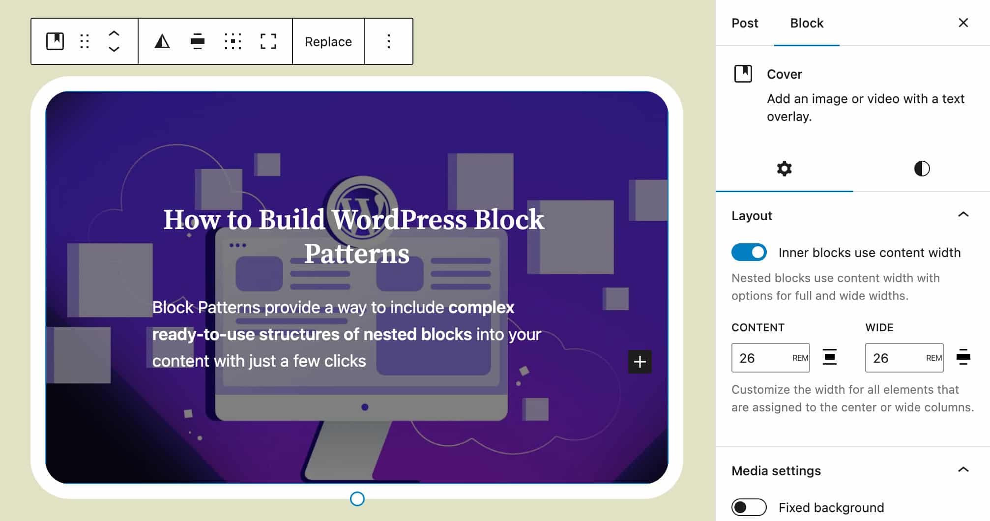 Réglages de mise en page pour le bloc Couverture