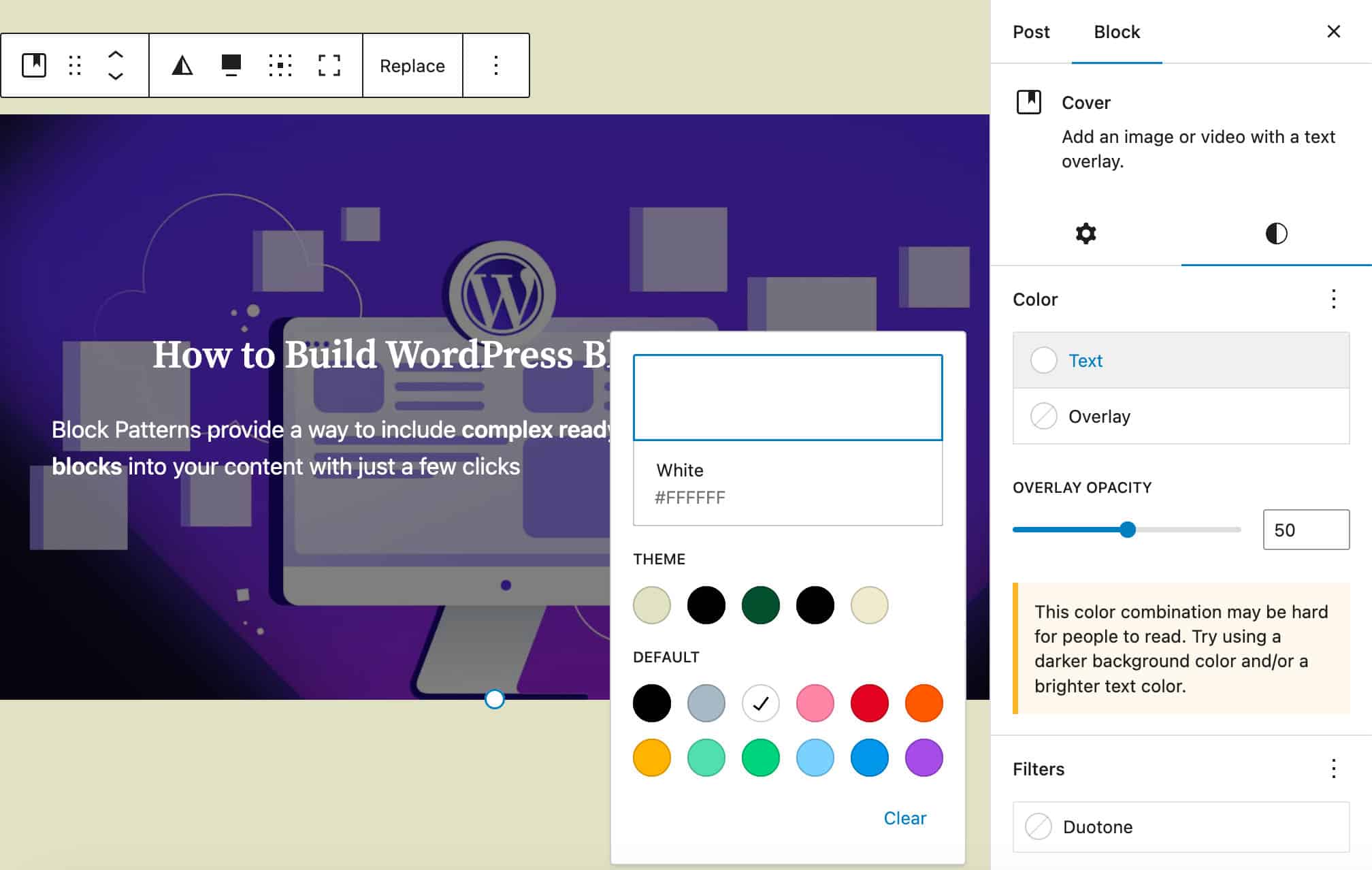 Le bloc Couverture prend désormais en charge l'outil de conception de la couleur du texte