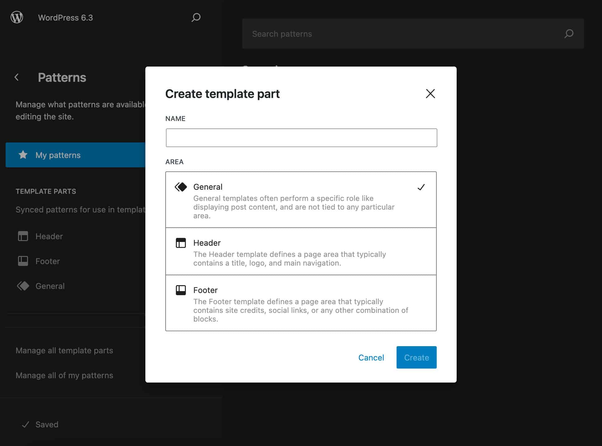 Créer une partie de modèle dans l'éditeur de site