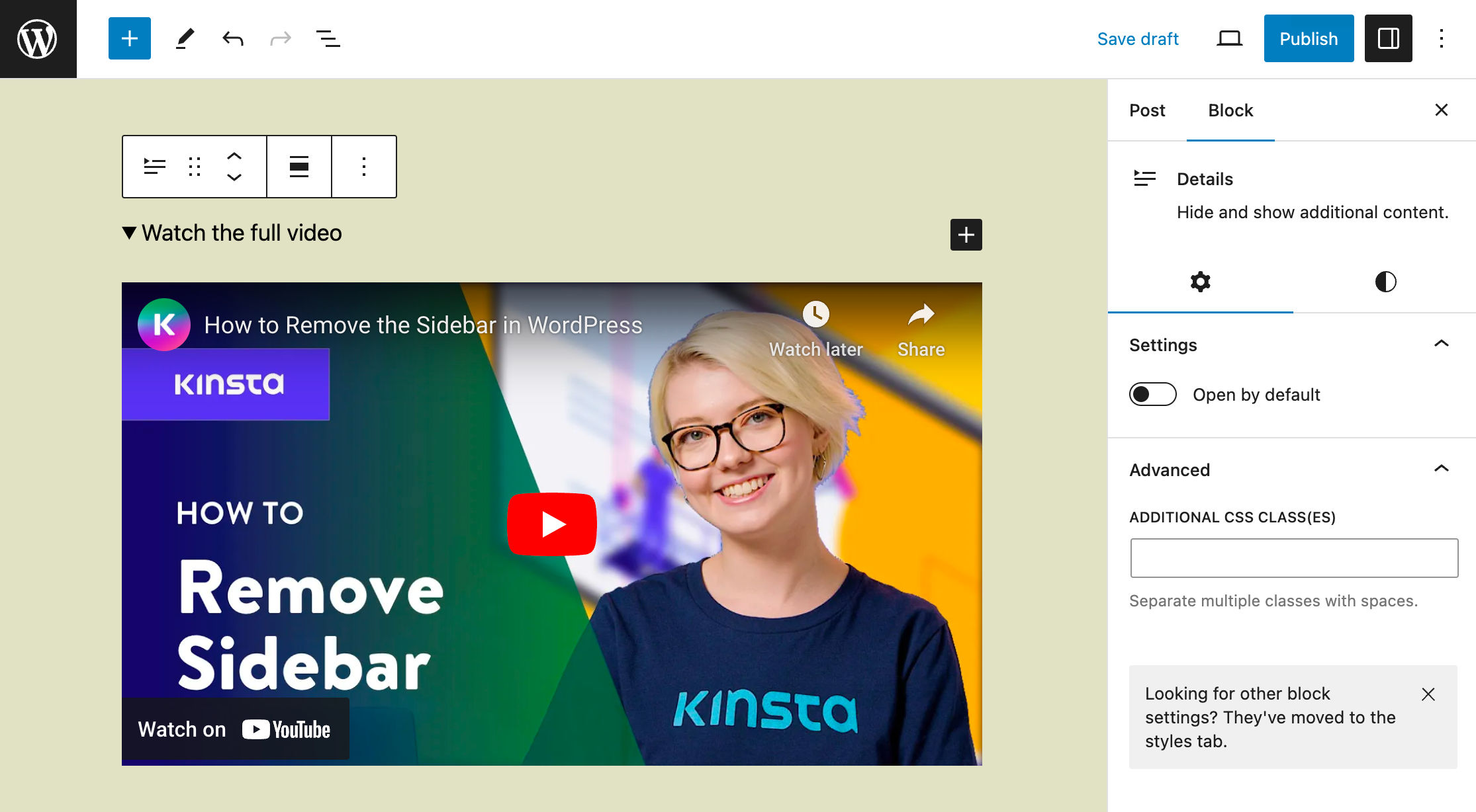 Un bloc Détails avec un résumé et un contenu vidéo