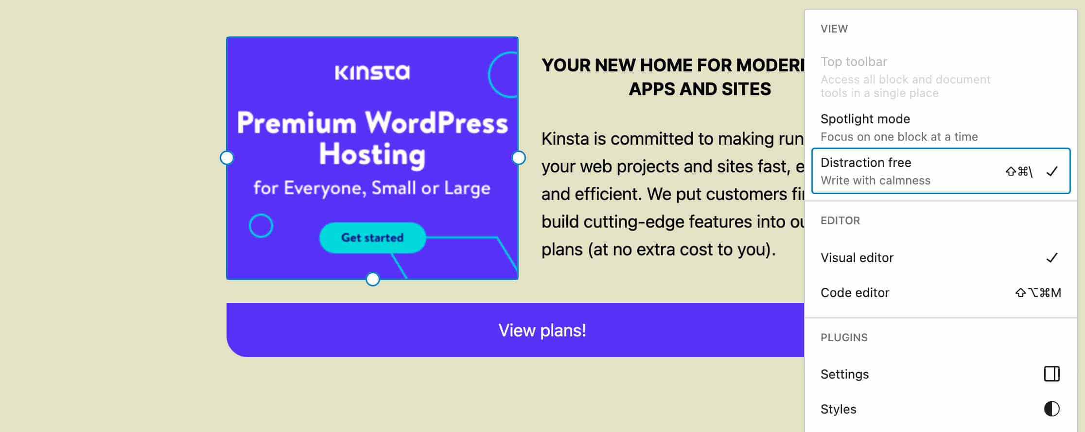 Mode sans distraction dans l'éditeur de site