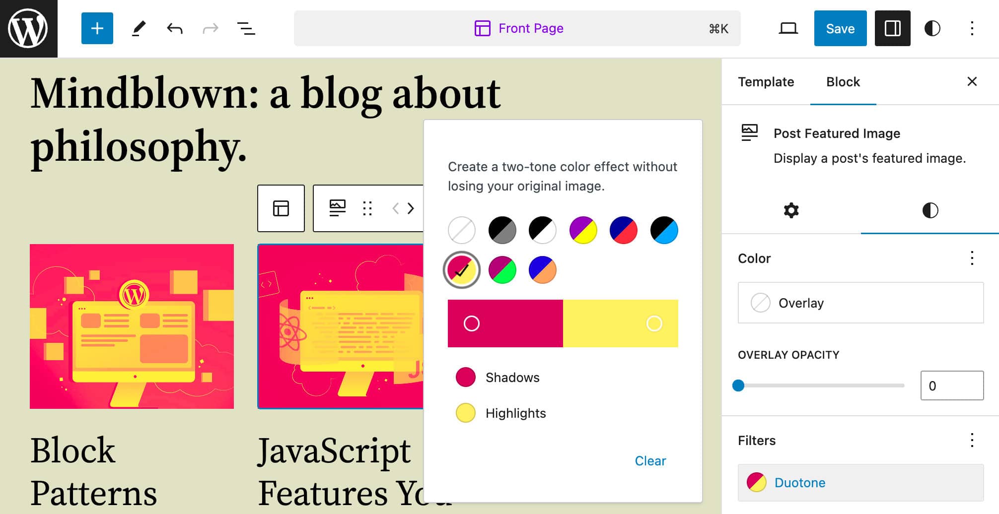 Application du filtre duotone dans le panneau Style de l'éditeur de site