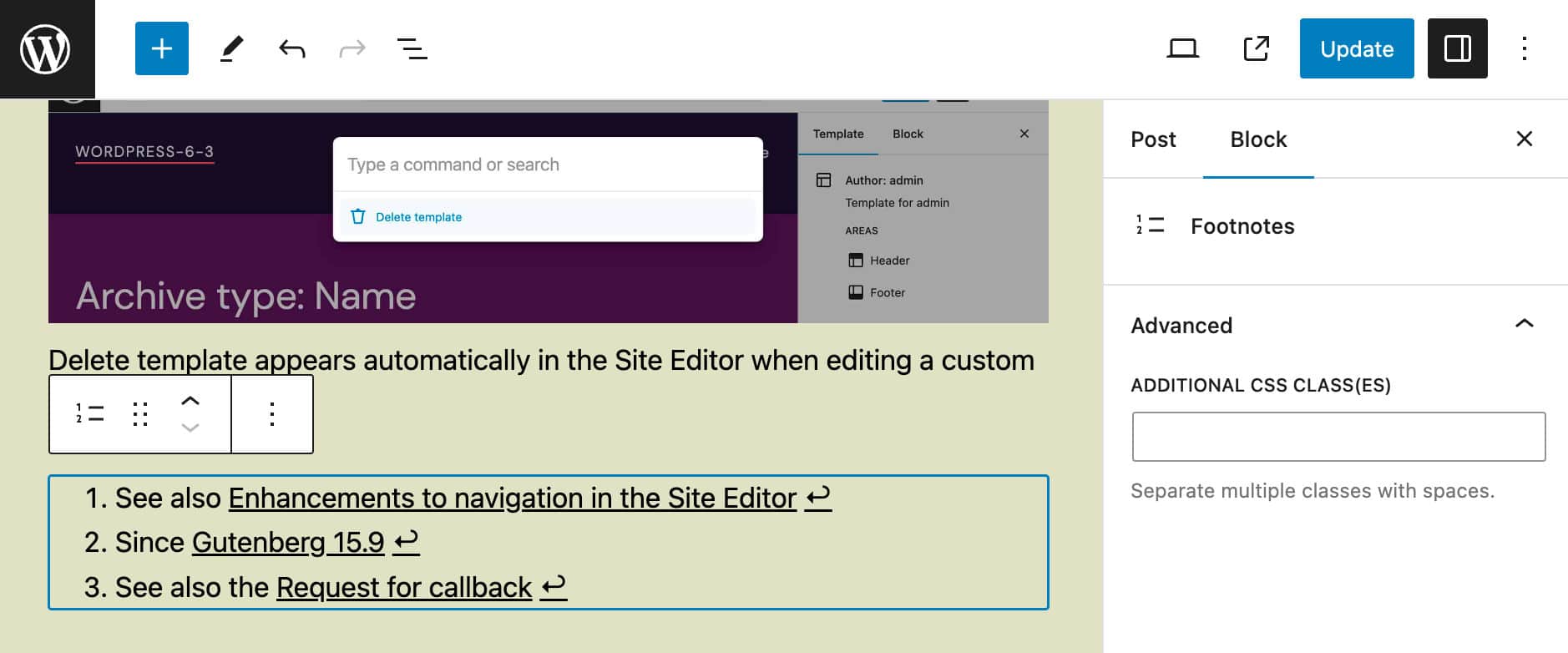 Le bloc Notes de bas de page dans WordPress 6.3