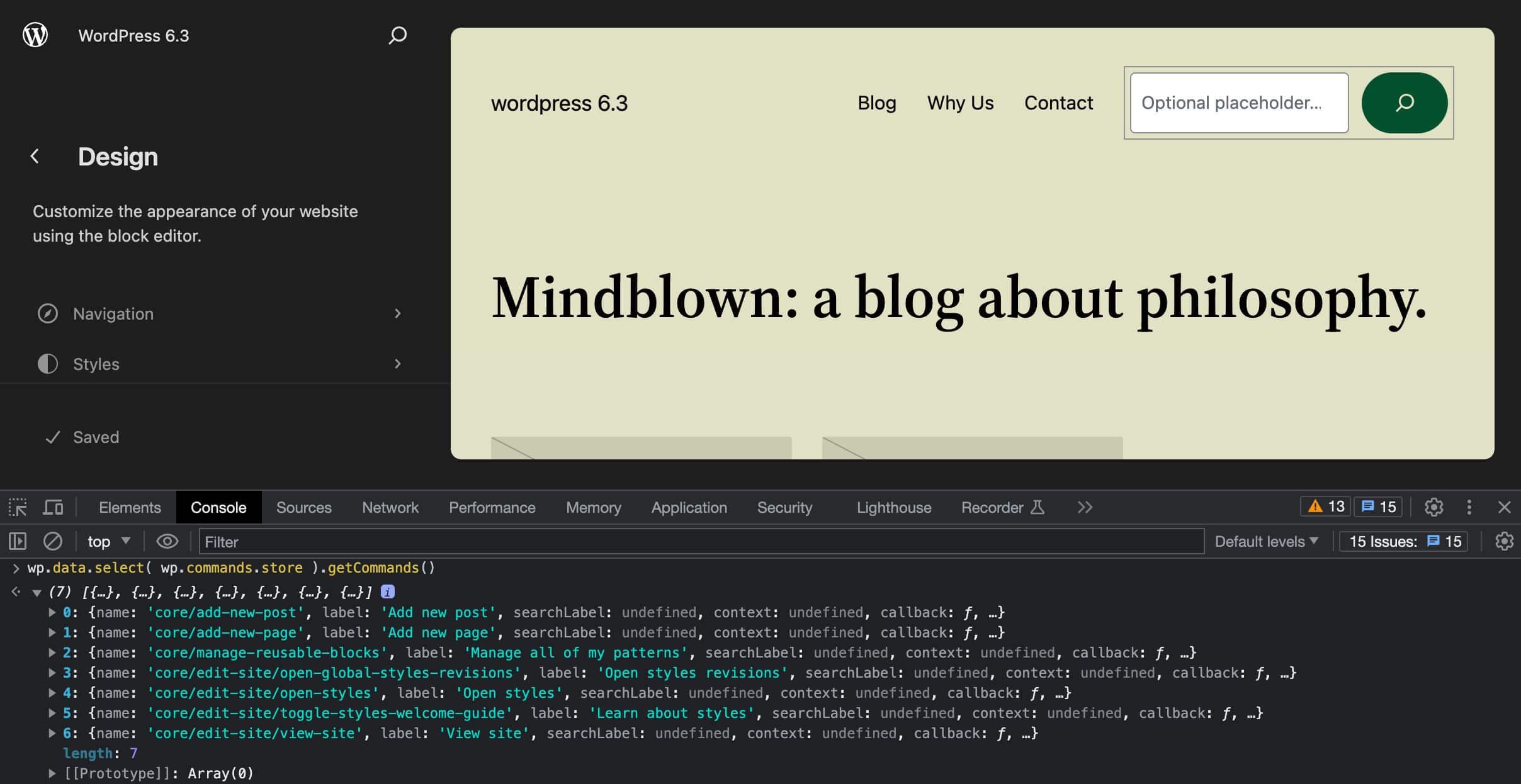 Liste des commandes dans WordPress 6.3