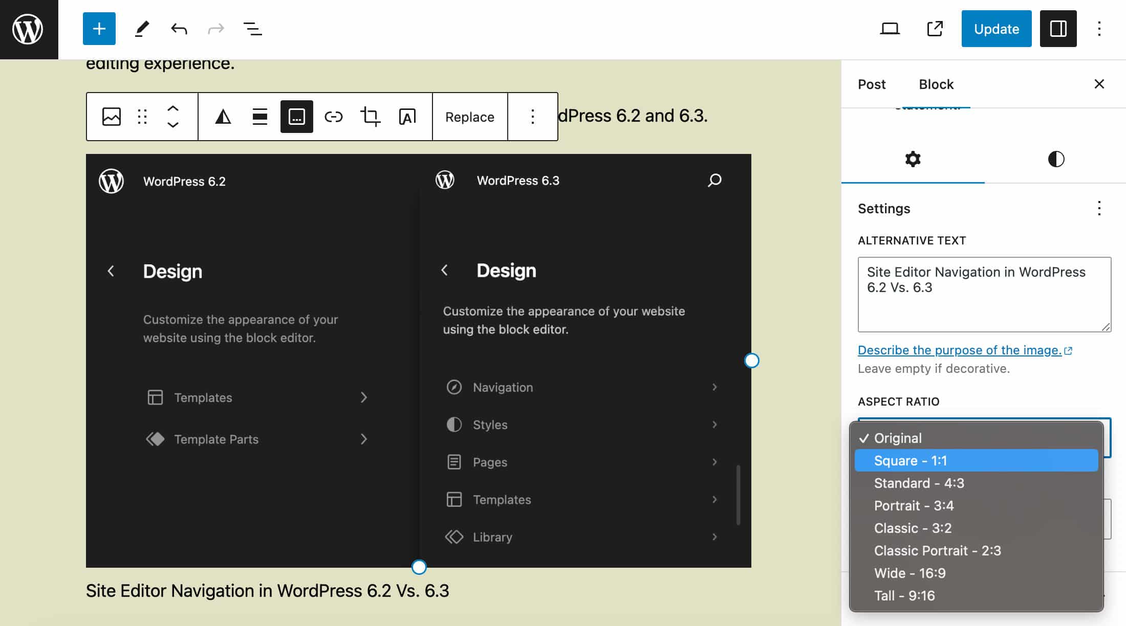 Le contrôle du rapport hauteur/largeur du bloc d'images