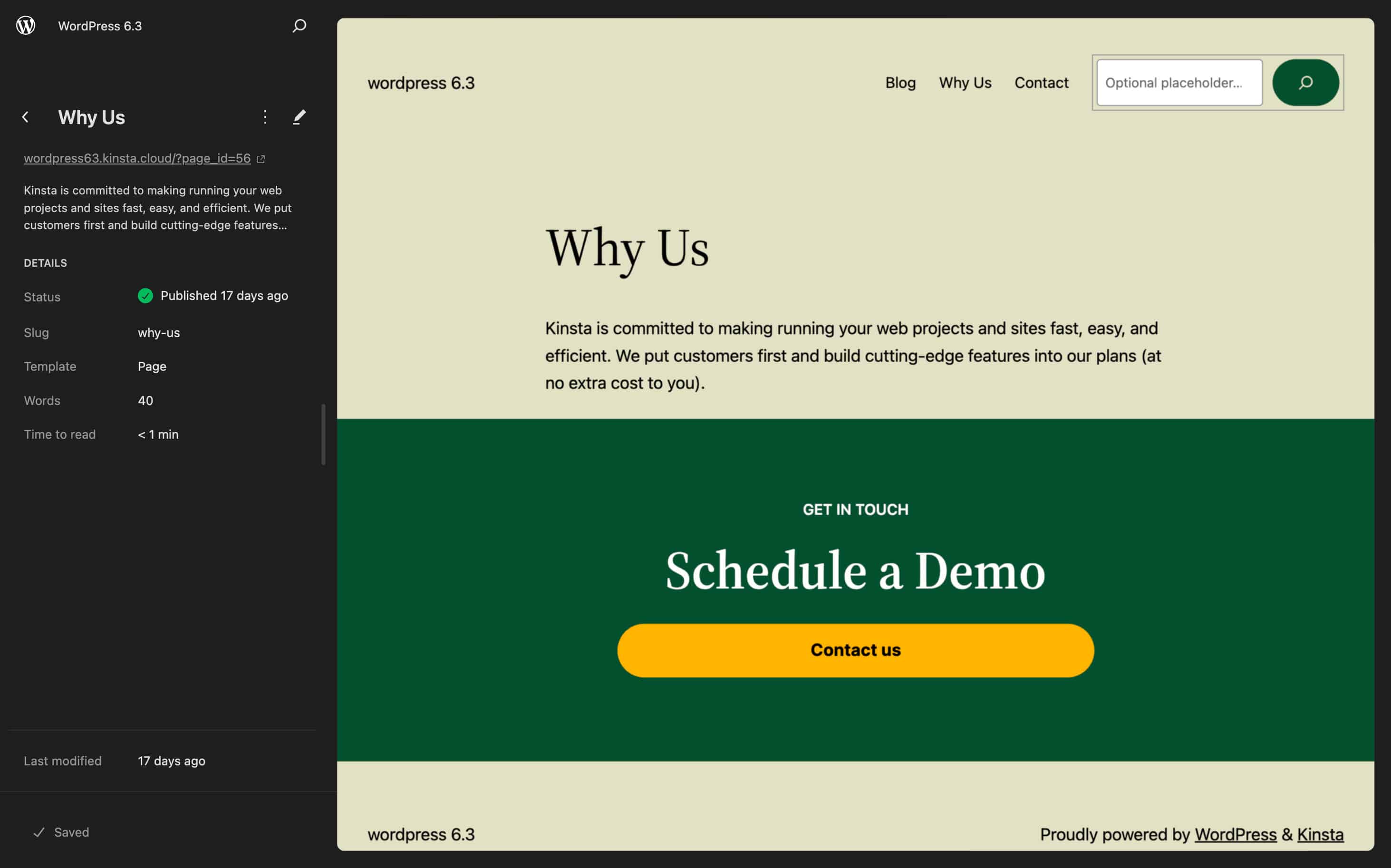 Détails de la page dans l'éditeur de site