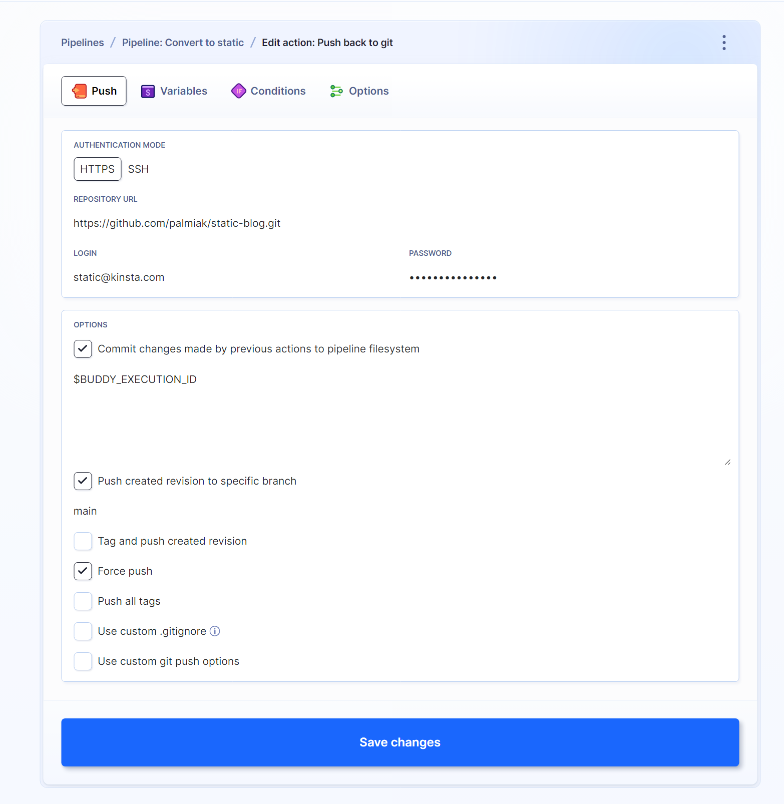Buddys brugergrænseflade, der viser Push-handlingens opsætning