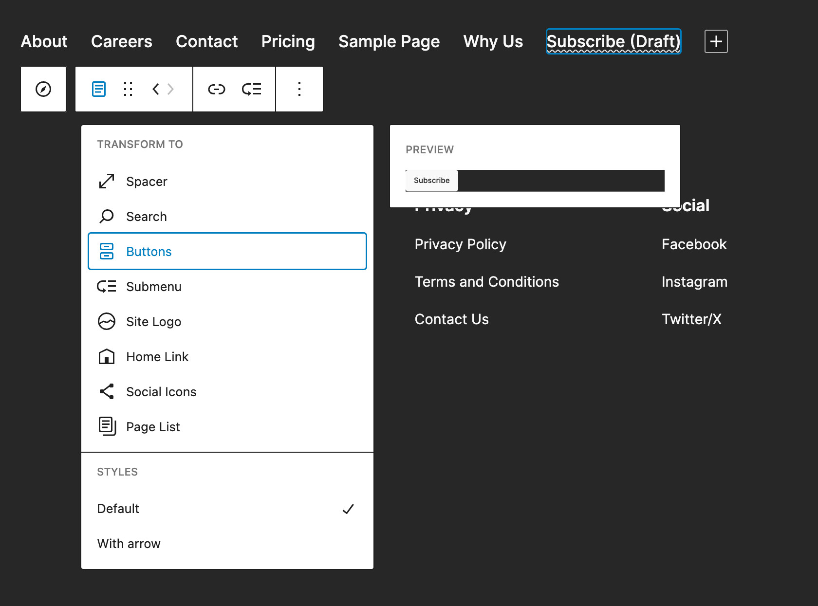 メニュー項目をボタンに変換