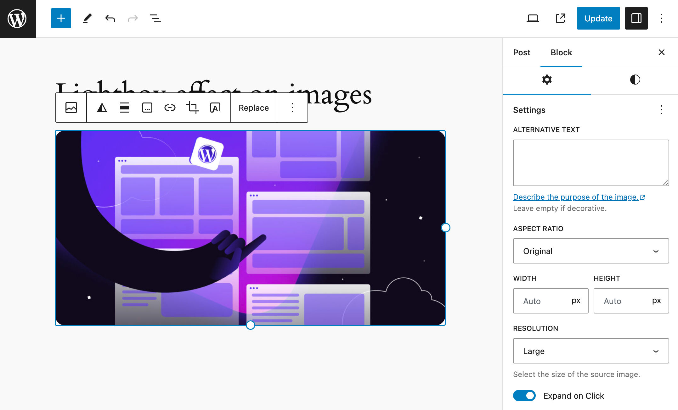 「Expand on Click」をクリックして画像のLightbox機能を有効化