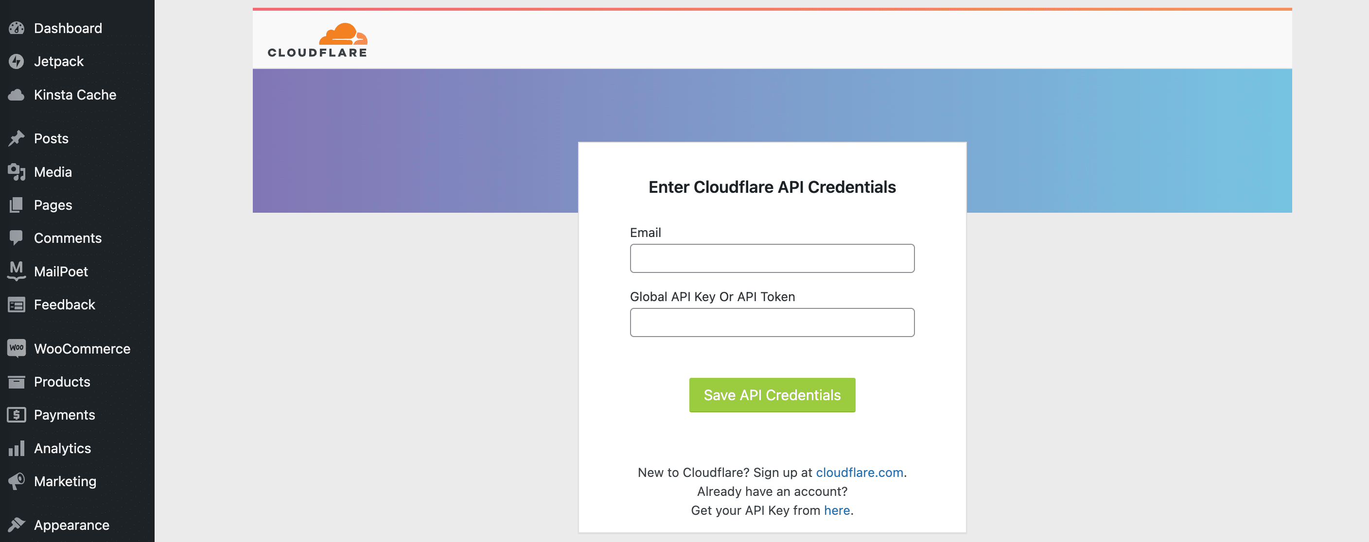Credenciais de API do plugin WordPress do Cloudflare.