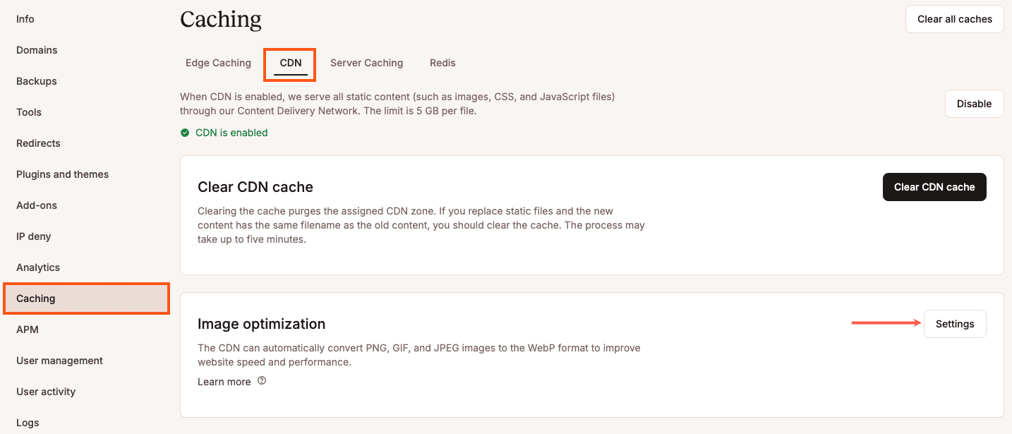 Configurações de otimização de imagem disponíveis nas opções de CDN do MyKinsta.