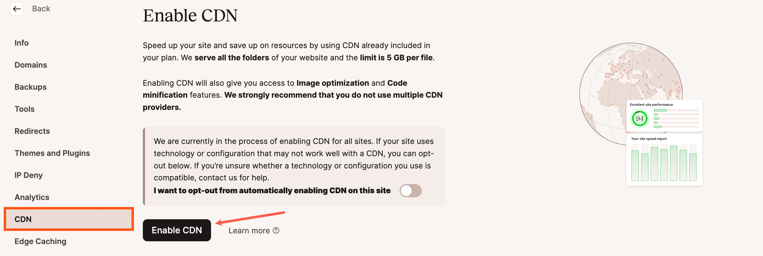 Screenshot showing the Enable CDN dialog in MyKista.