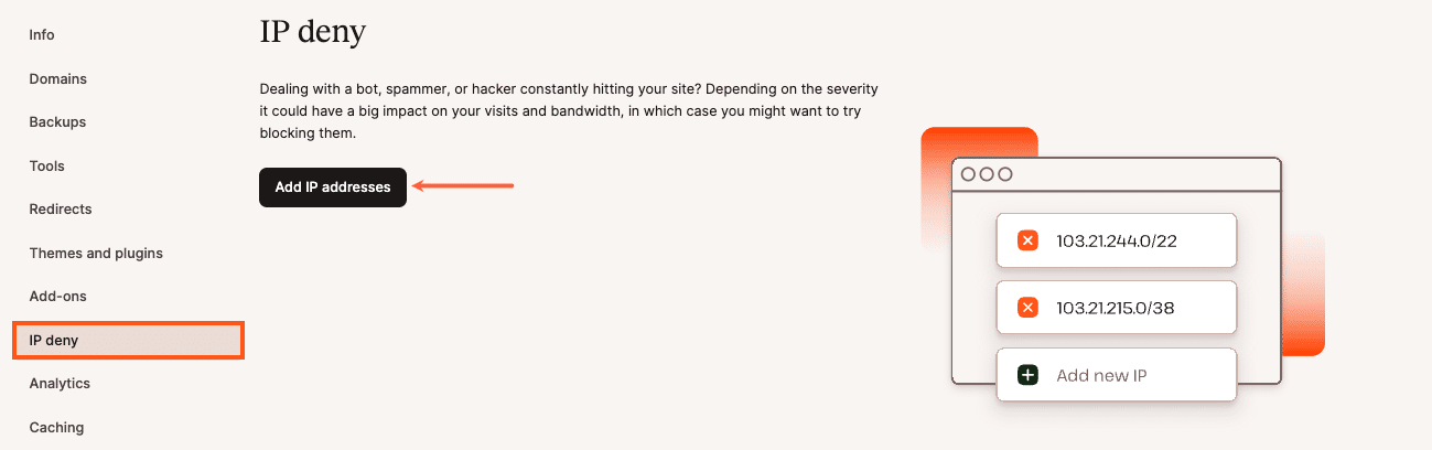 Ajoutez des adresses IP à l'outil IP Deny dans MyKinsta.