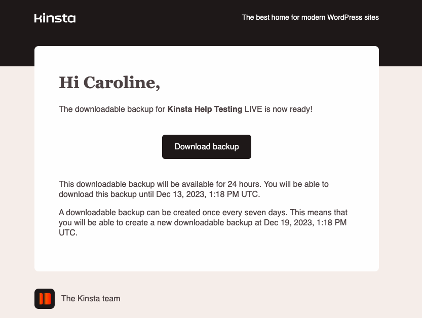 Email di notifica di backup scaricabile.
