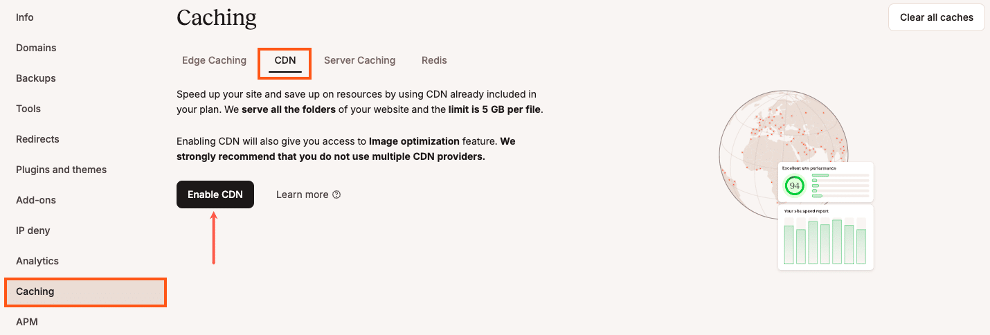 Opção para habilitar o CDN da Kinsta na aba Cache do MyKinsta.