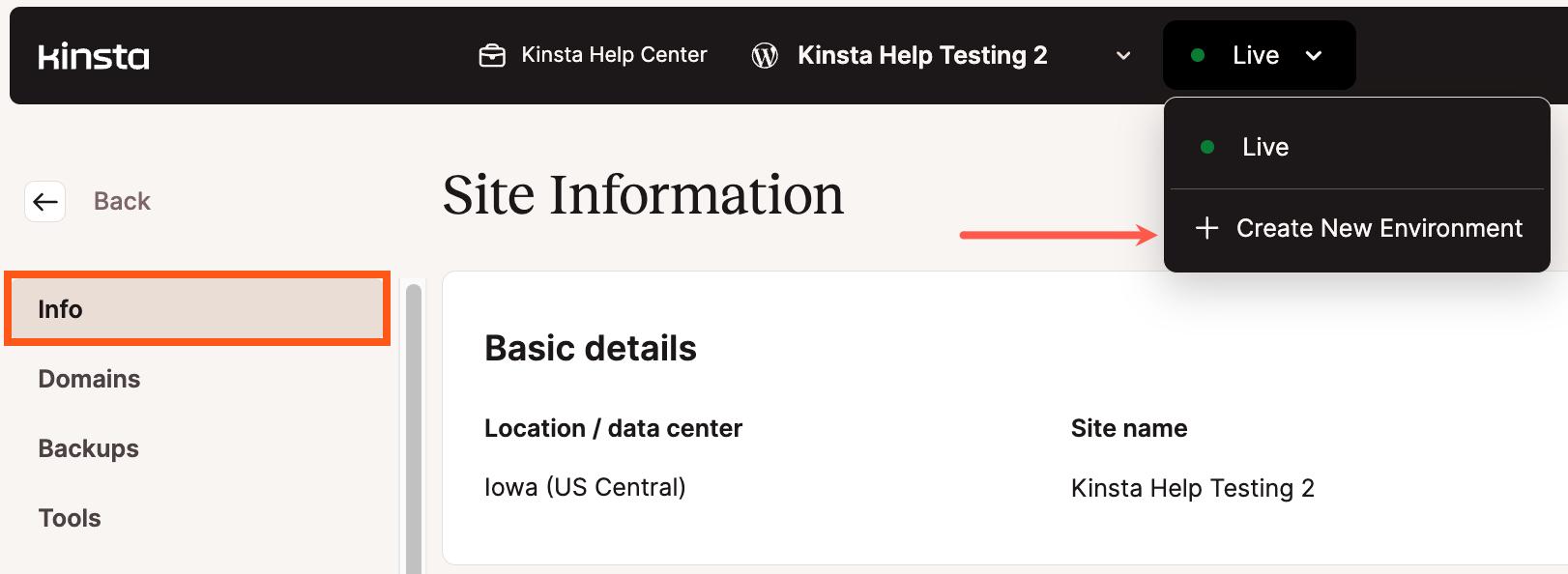 Screenshot showing the creation of a new site environment in MyKinsta.