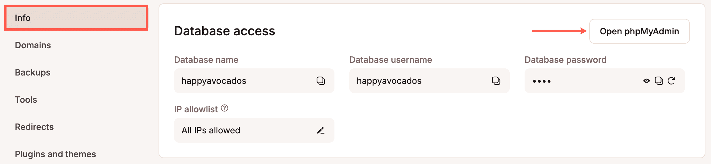 Accesso a phpMyAdmin dalla dashboard MyKinsta.
