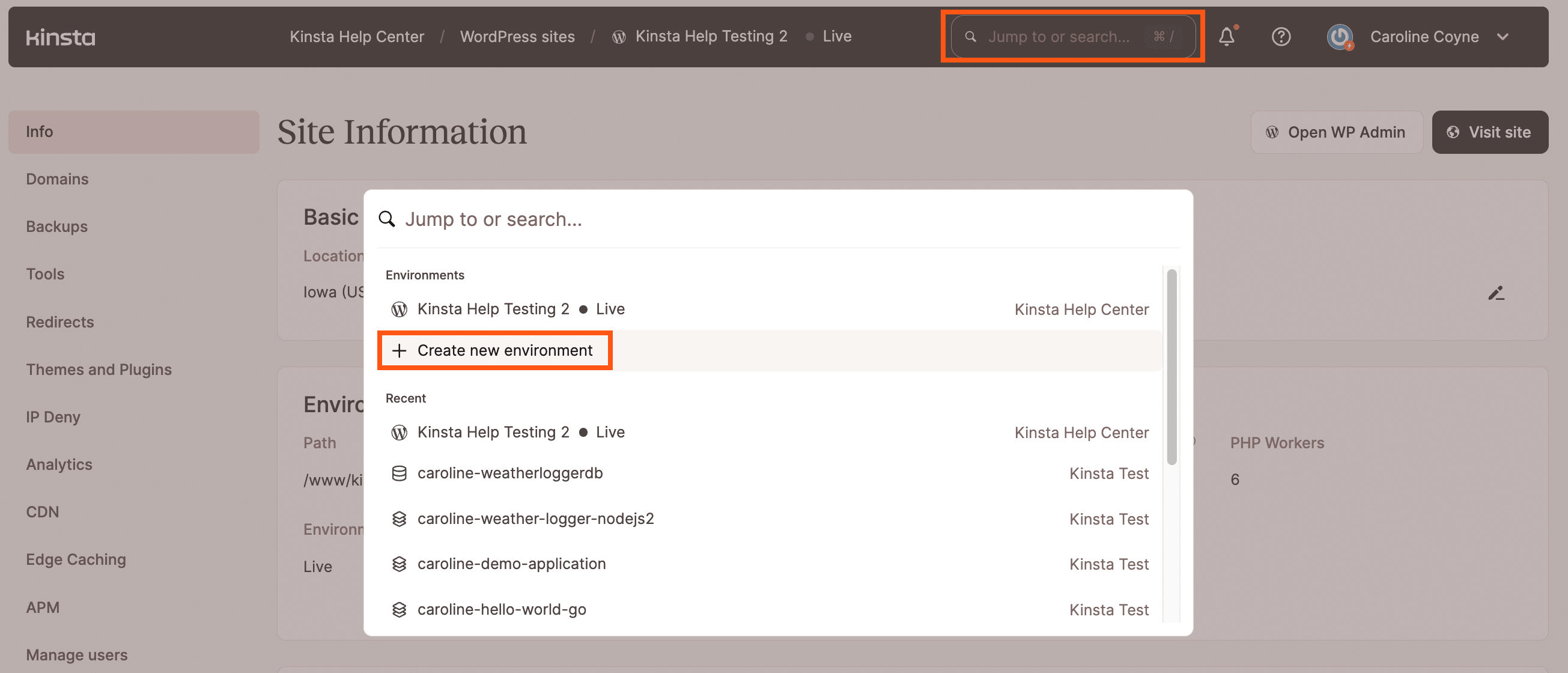 Screenshot van het maken van een nieuwe siteomgeving in MyKinsta.