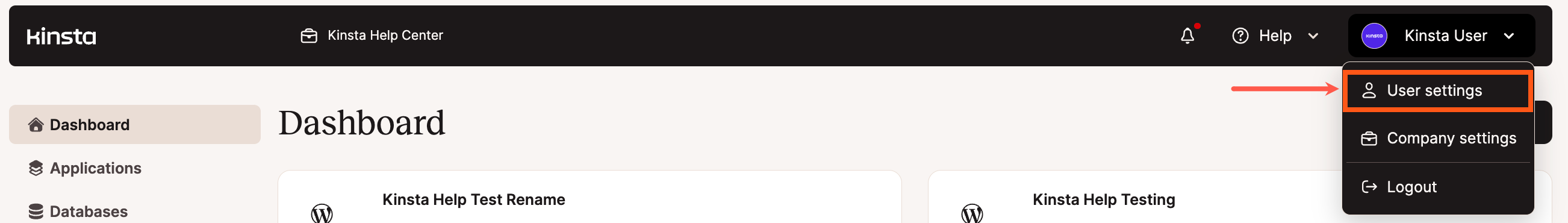 Screenshot showing the selection of User Settings in a MyKinsta menu.