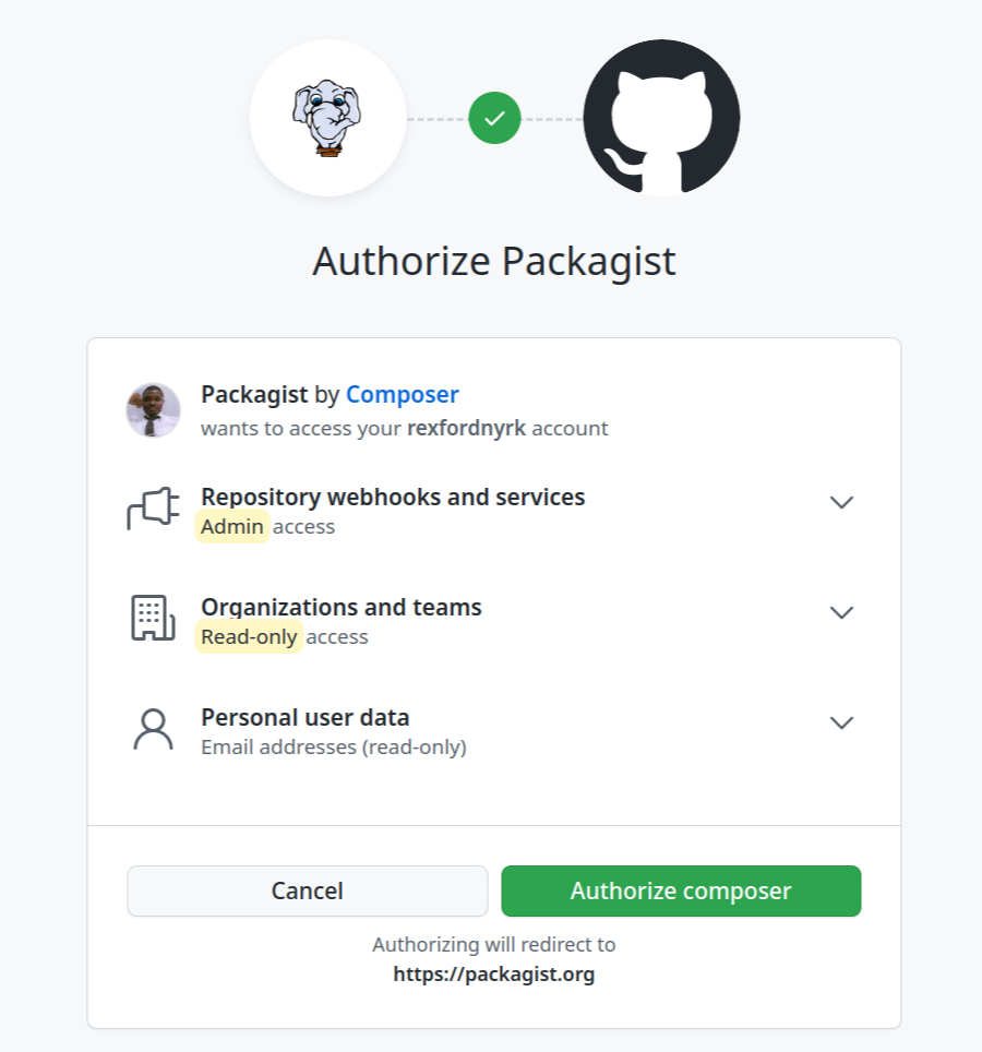 Screenshot van de Packagist autorisatiepagina via GitHub.