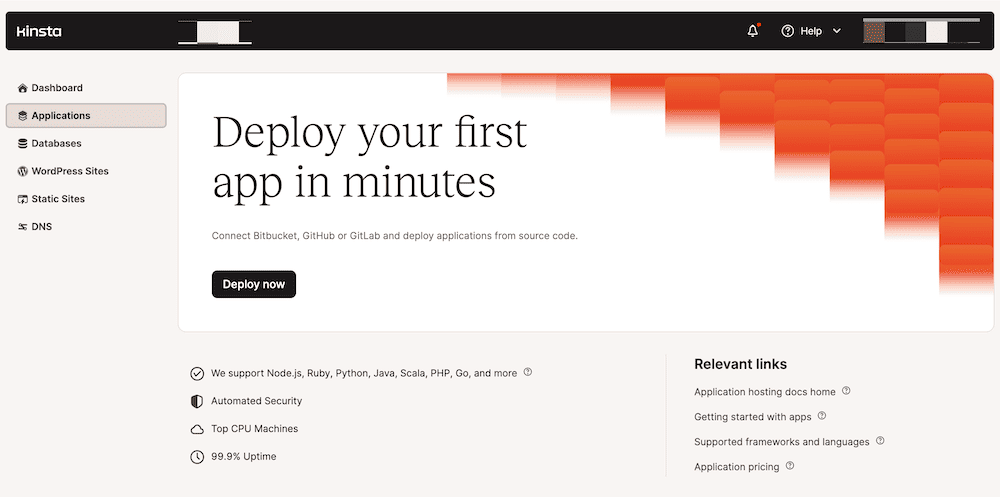 L'écran de démarrage pour le déploiement vers l'hébergement d'application de Kinsta.