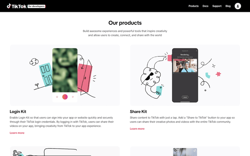 TikTok's webpagina voor ontwikkelaars, met API's en tools zoals Login Kit en Share Kit. Ze bevatten allemaal beknopte beschrijvingen naast geïllustreerde voorbeelden van hoe ze de functies van TikTok integreren in andere apps.