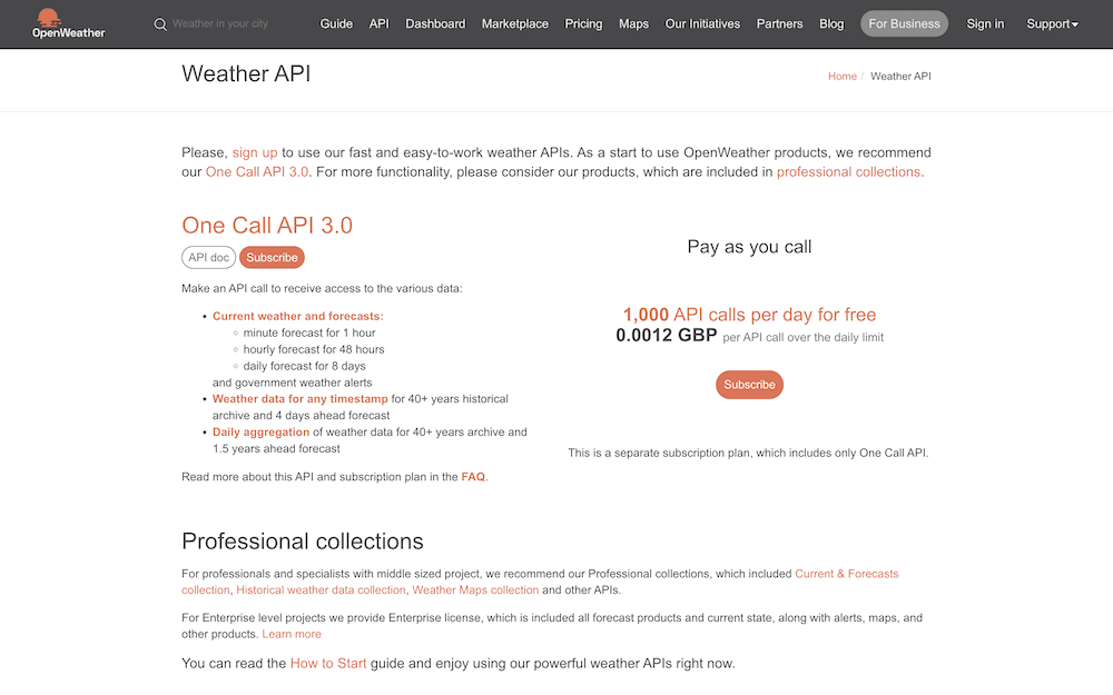 De OpenWeather website geeft details over de Weather API, met name de One Call API 3.0. Er wordt melding gemaakt van de mogelijkheid van de API voor historische weergegevens en dagelijkse aggregatie, naast details over het abonnement, waaronder een gratis niveau en een 'pay as you call' prijsmodel.