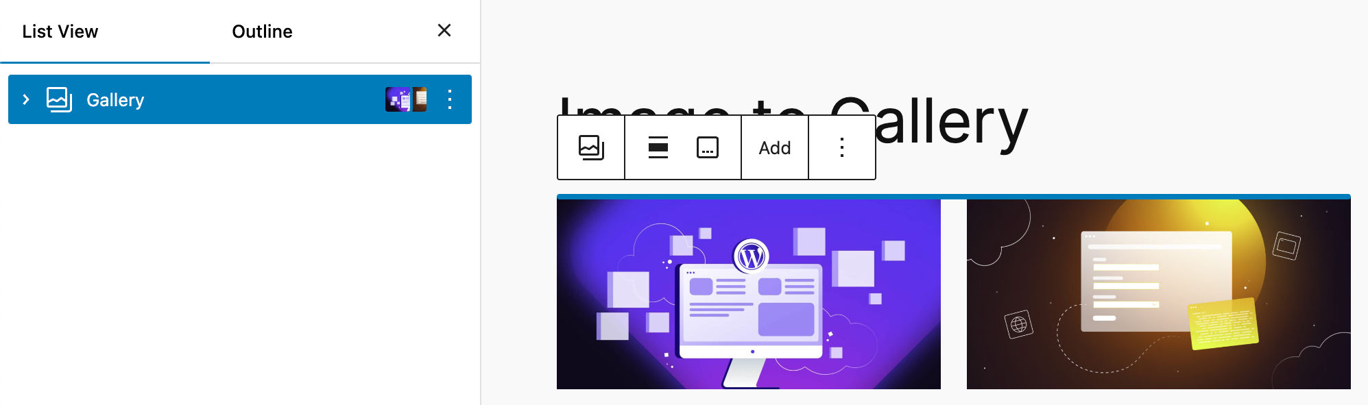 画像をドラッグ＆ドロップすると画像ブロックがギャラリーブロックに変換される