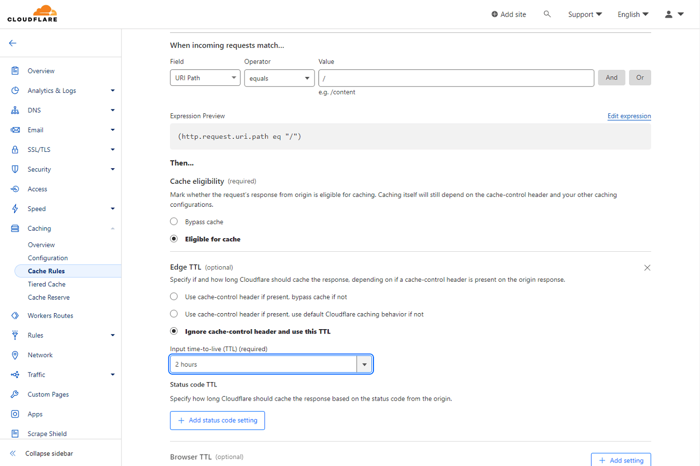 Configurando o tempo de vida da entrada (TTL) no Cloudflare.
