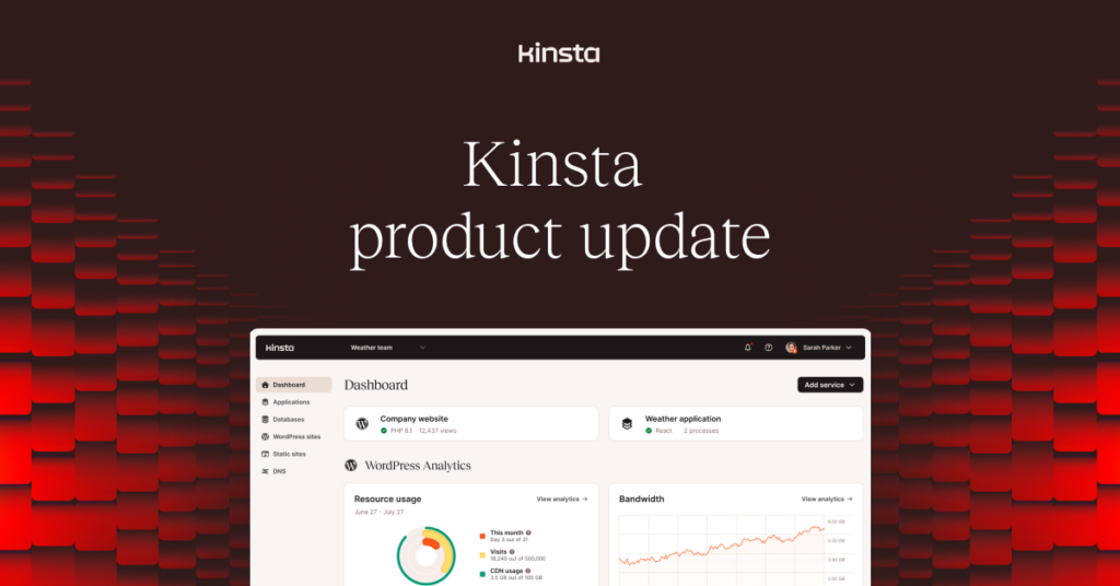 An illustration with an image of the MyKinsta dashboard and the words 'Kinsta product update.'