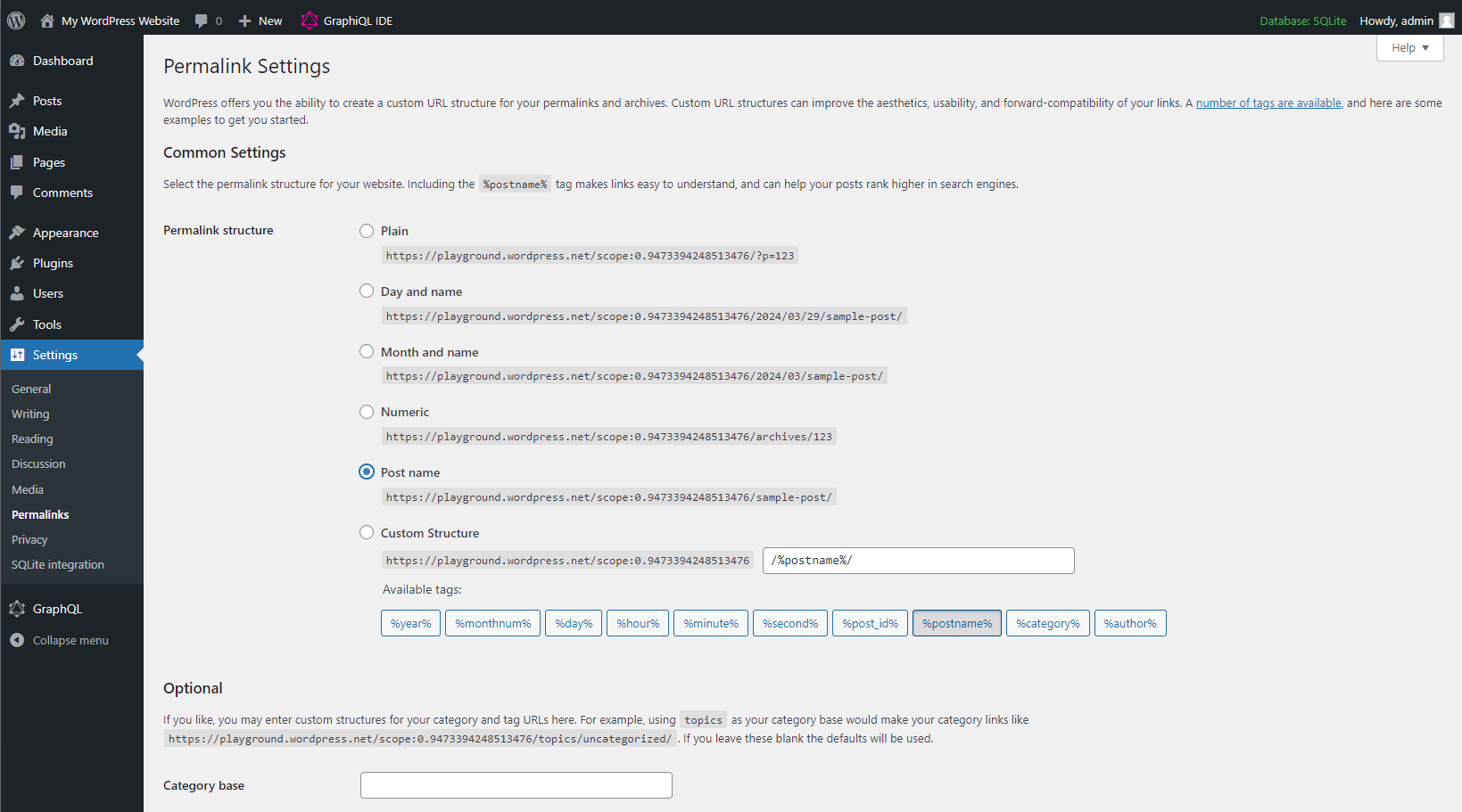 Para que o SvelteKit funcione corretamente, você deve mudar para permalinks Post name.