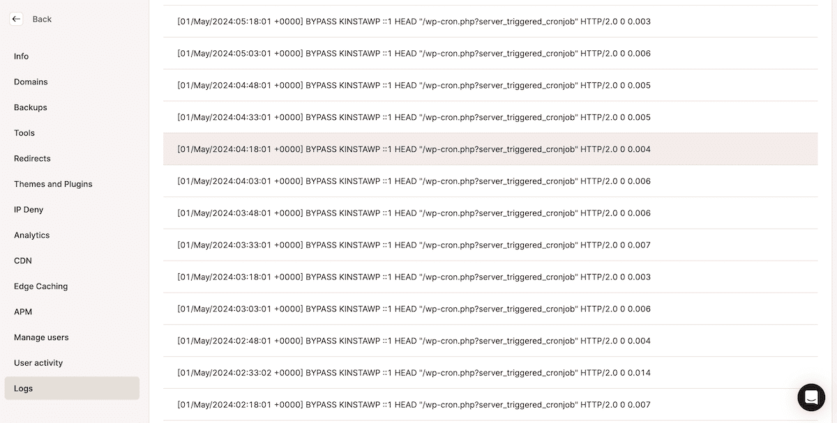 Een logboekvenster van het MyKinsta dashboard. Het toont een lijst met logboekvermeldingen met tijdstempel in het format
