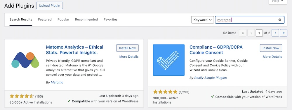 Instale o plugin Matomo no painel WordPress.