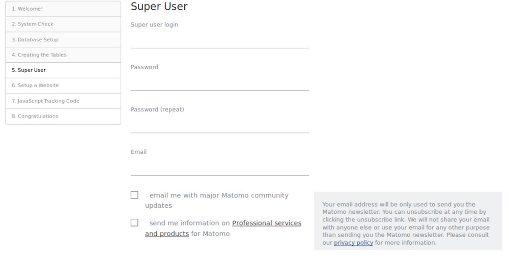 Execute o assistente do Matomo e siga as etapas na tela.
