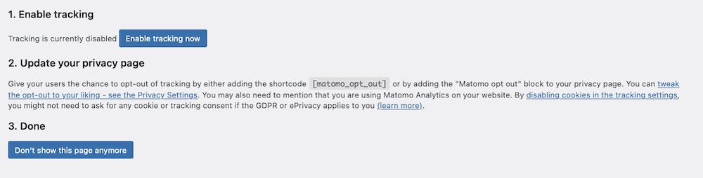 Ative o rastreamento no plugin Matomo Analytics.