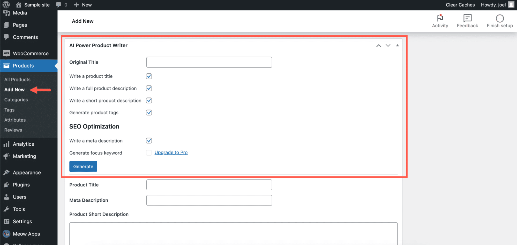 WooCommerceの「AI Power Product Writer」セクション