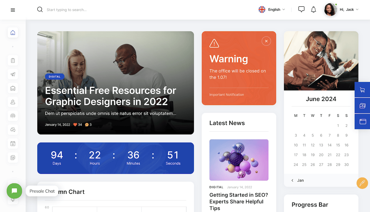 An intranet dashboard from the Anesta theme, showing an article with an image of two smiling people sitting at a desk with laptops, along with a countdown timer, a calendar, an orange warning, and a sidebar.