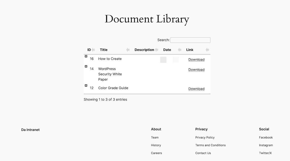 A document library page in WordPress, showing a table with columns for ID, Title, Description, Date, and Link. The page title is