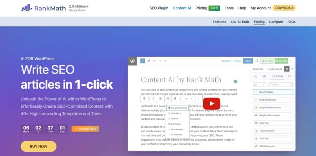 La página de inicio de Rank Math Content AI